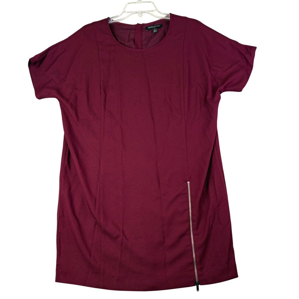 Banana Republic 12 Burgundy Shift Dress Short Sleeve Front Zip Accent Career